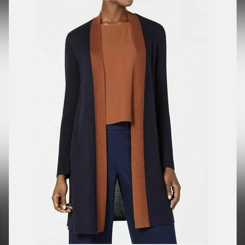 EILEEN FISHER Navy Blue Brown Trim Tencel Silk Knit Open Long Cardigan L - Picture 2 of 9